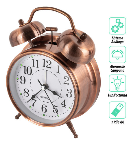 Reloj Despertador Campana Retro Analógico Estilo Vintage Color Cobre1