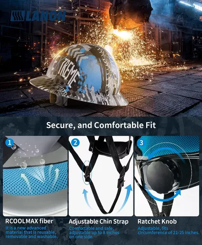  LANON Casco duro de ala completa, aprobado por OSHA para  trabajos de construcción, diseño de patrón azul, casco de seguridad FRP con  suspensión de trinquete ajustable de 4 puntos, clase C 