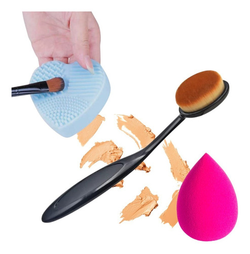 Kit De Maquillaje Brocha Oval, Esponja Y Limpia Brochas