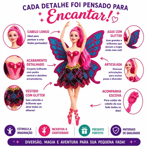 Boneca Bailarina Fada Princesa Articulada Ballet Com Asas Brilhantes Grande 30cm Colorida com Acessorios - Petite Flô: imagem 2