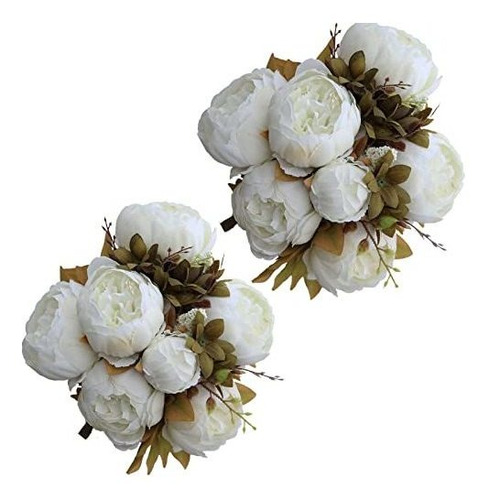 Flores Artificiales De Seda/ Ramo De Peonias Blanco X 2u