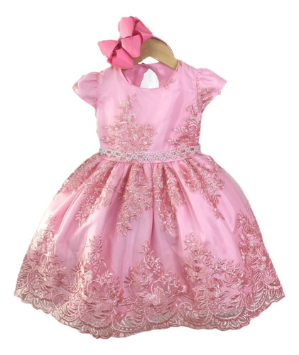 Vestido Realeza Rosa Princesa Festa Infantil Luxo Renda