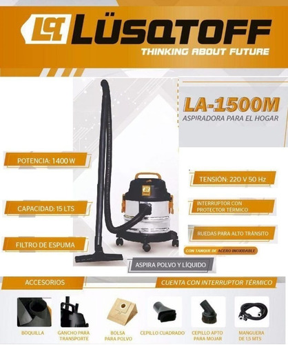 Aspiradora Polvo Liquido Lusqtoff 15l Acero Inoxidable 1400w
