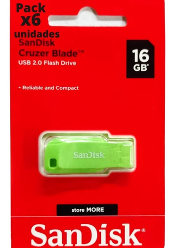 Pack X6 U. Pendrive 16 Gb Usb 2.0 Verde Pen Sandisk Llavero