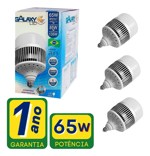 Kit 3 Lâmpada Ultra Led 65w Alta Potência Fria Bivolt Bulbo