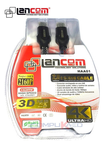 Cable Hdmi 2.0 De 3 Metros Ultra Hd 4k 3d Lancom Dorado 24k