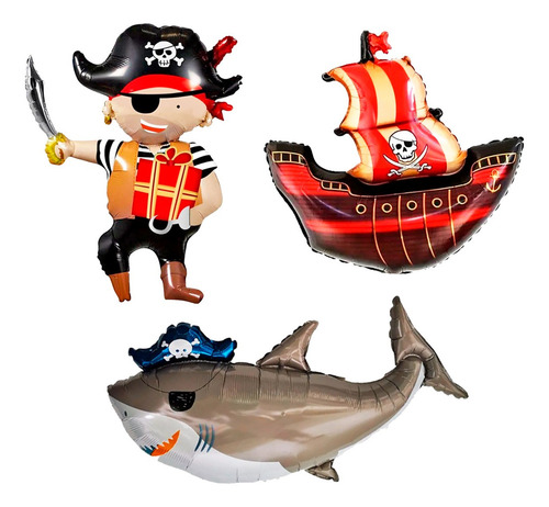 Kit 3 Balão Metalizado Pirata Tubarão Navio Barco Decoração Cor Vermelho Kit Pirata 3 Pçs