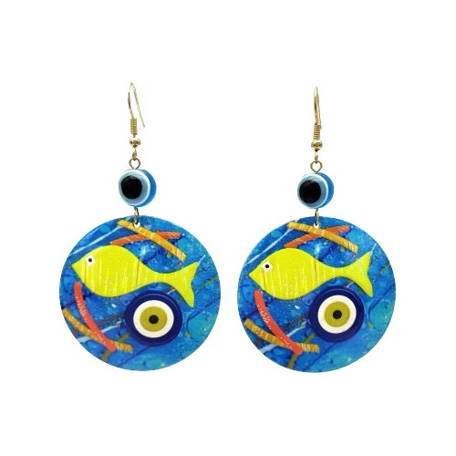 Aritos Delicados Hamsa Ojo Turco Redondo Azul Pez Amarillo