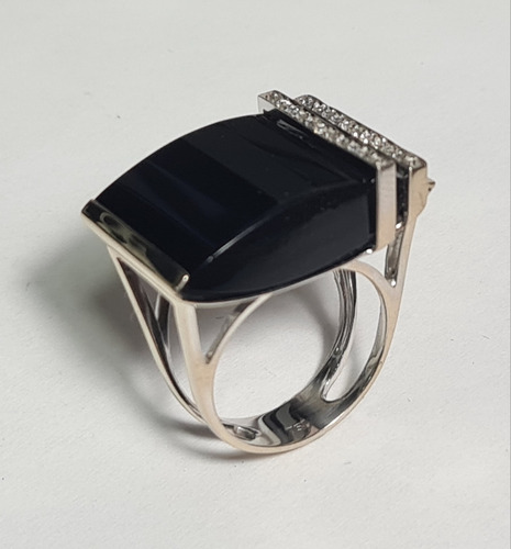 Anel Ouro Branco 18k/750 Onix E Brilhantes Cod 17071