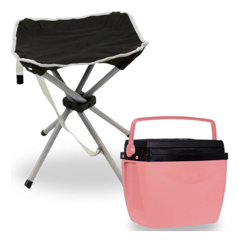 Caixa Termica Rosa 12 L + Banqueta Dobrável Camping / Praia