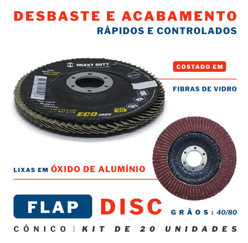 Kit 20 Disco Flap Fibra Cônico Grão 40/80 115mm X 22mm