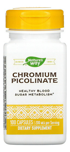 Nature's Way, Picolinato De Cromo, 200 Mcg, 100 Cápsulas Usa Sabor Sin Sabor