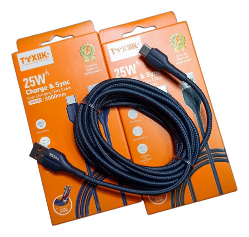 Cable Carga Y Datos Tipo C 3m Tok853 Toxiik 25w Nylon Reforz