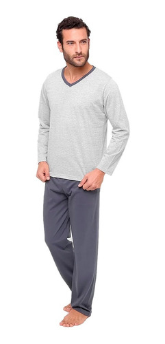 Pijama Lupo Manga Longa Algodão Masculino Confortável Cinza