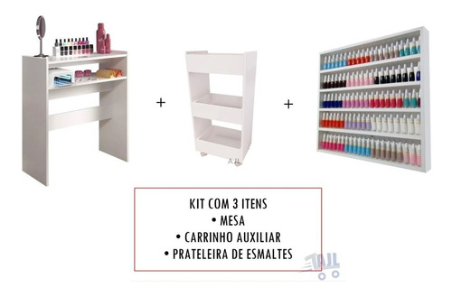 Kit Carrinho Mesa Auxiliar Prateleira De Esmaltes Chão Pared Cor Branco