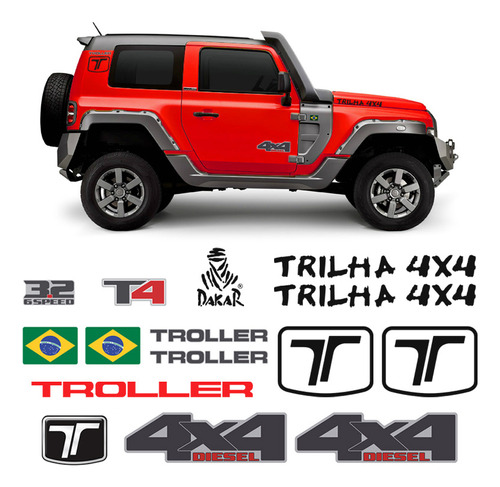 Kit Adesivos Troller T4 2015/2021 4x4 3.2 Trilha Dakar Preto
