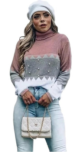 Blusa Feminina Tricot Tricô Gola Frio Inverno Bordado Pérola