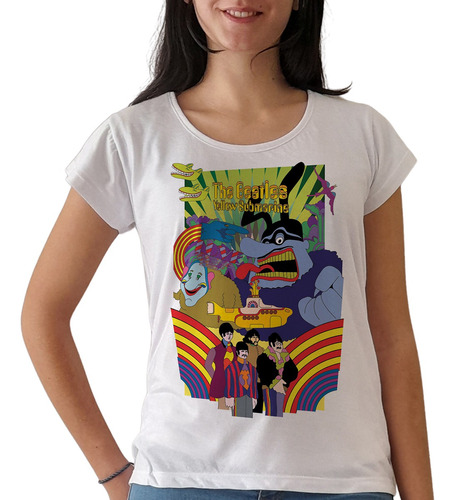 Remera Beatles Yellow Submarine 3 Mujer Blanca Purple Chick