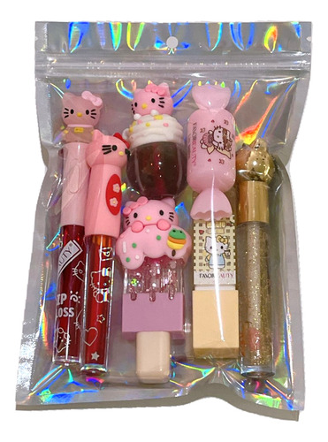 Kit De 7 Gloss Labiales Hello Kitty Favor Beauty Mujer Bella Multicolor Y Transparente