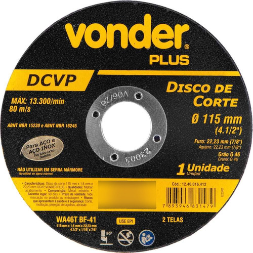 Disco De Corte 115mm X 16mm X 2223mm Dcvp Vonder Plus