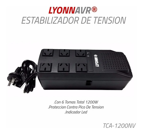 Estabilizador de tensión Lyonn TCA 1200NV 1200VA entrada y salida de 220V CA negro