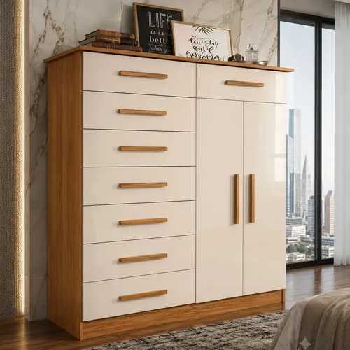 Cômoda Albatroz Multiuso Organizador Gaveteiro Cabideiro 2 Portas 8 Gavetas New Verona Design Quarto Moderno Cor Cinamomo/off White Carvalho Grifé/off White