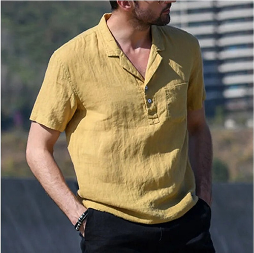 Camisa De Lino Cubana Camp Guayabera De Manga Corta Para Hom