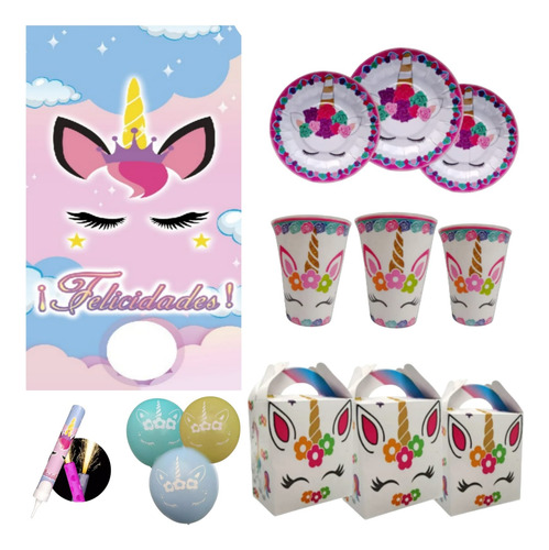 Paquete Fiesta Lona Cumpleaños Unicornio Pestañas 15 Niñas Multicolor Lisa Unicornio Pestañas