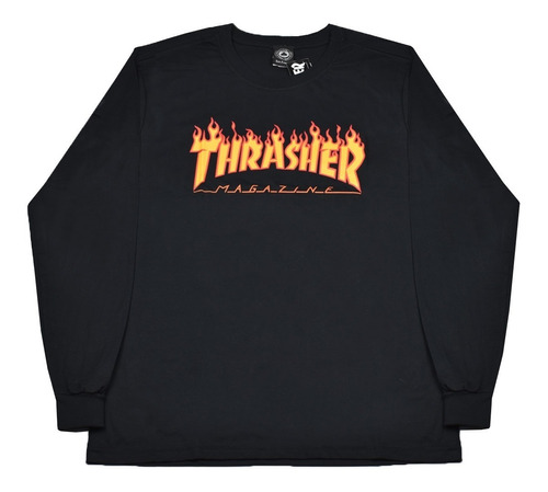 Camiseta Manga Longa Thrasher Magazine Flame Logo Preta Orig