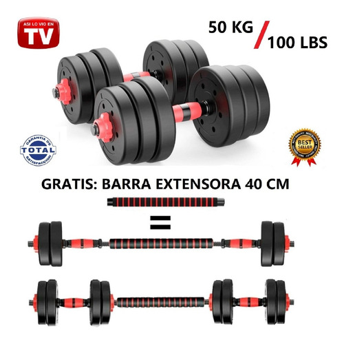 Kit Pesas O Mancuernas 50 Kg Pvc Gym 23pcs + Barra Extensora