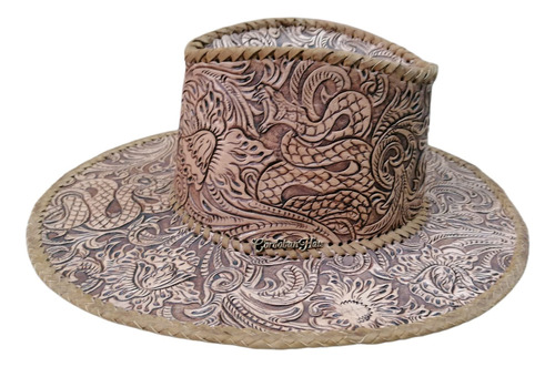 Sombrero Piel Cincelado Artesanal Grabado Unisex Vaqueta 