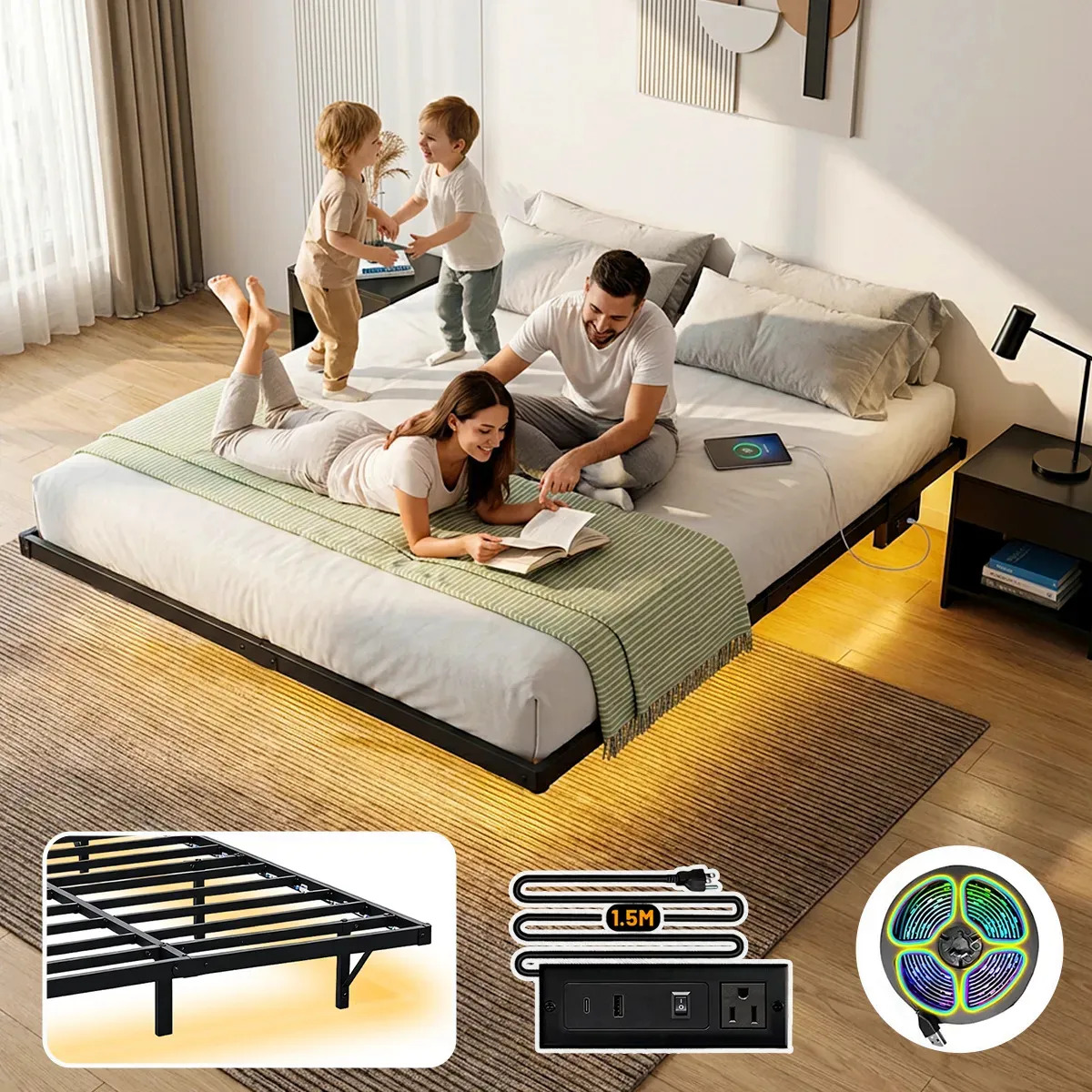 Base de Cama Flotante King Size de Metal Resistente Negra 202×192×20 cm con Luces LED RGB Regulables, USB y Type-C