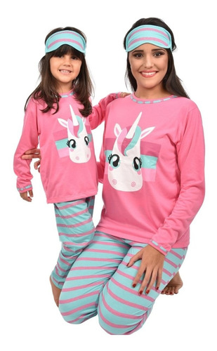 Pijama Longo Mãe E Filha + Tapa Olho Unicornio