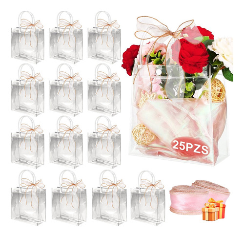 25 Bolsa Regalo Con Asa Transparentes Boda Fiesta+liston 18m