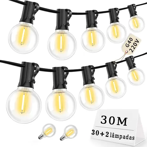 Sebastiana G40 Inquebrável Cordão De Luz Iluminação Externa 30m Com Lâmpadas Varal De Luzes Decoração Carnaval Natal Luz Quente 220v