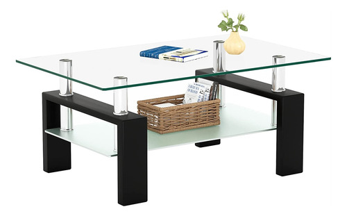 Mesa De Centro Rectangular De Cristal De 2 Niveles Negro