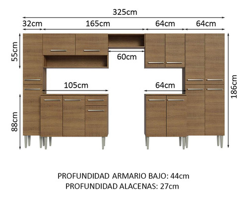 Cocina Integral Completa Modular Madesa Emilly 325cm Color Marrón con Blanco