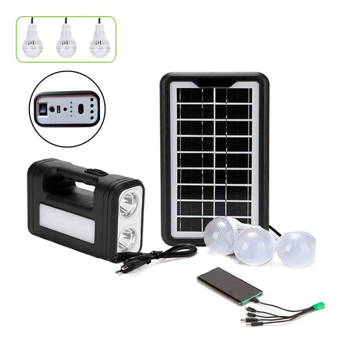 Kit Foco Panel Solar 3 Luces Power Bank 4500 Mah Linterna Cs