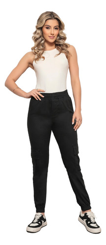 Calça Feminina Sarja Cargo Jogger Com Elástico Cintura
