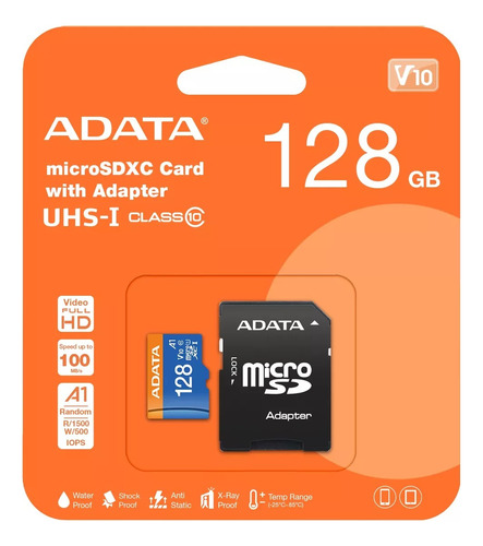 Memoria Micro Sd  Adata 128gb Clase  10 C/aptador 100mb/s