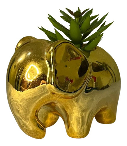 Figura De Elefante Dorado Con Planta, Adorno Oficina O Casa