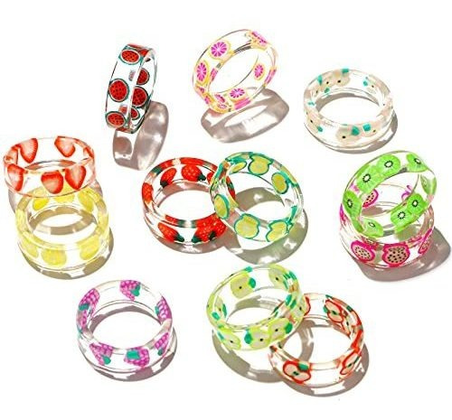 Anillos - 4-12 Pcs Resin Fruit Rings Set Colorful Transparen