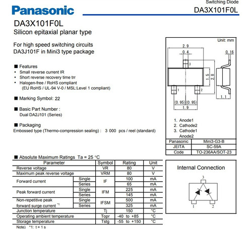 Diodo Switch Doble Da3x101f (10 Piezas) 80v 100ma Smd 22