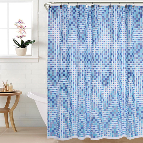 Combo De Baño Con Cortina De Ducha Protector Barral Ganchos Venecita Azul