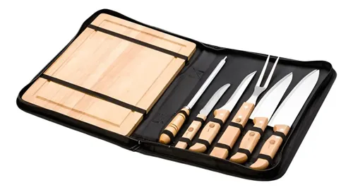 Kit Jogo 8 Pc P/churrasco Facas C/tábua E Avental Acessorios