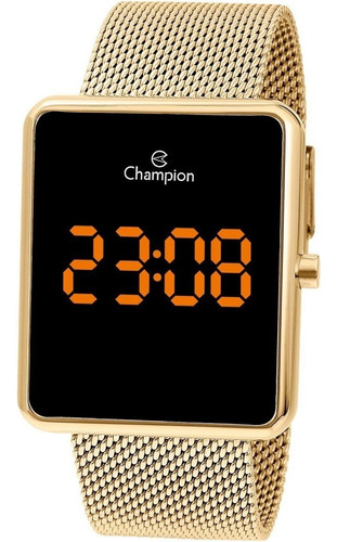Relógio Champion Feminino Digital Quadrado Dourado Led Cor do fundo Led vermelho