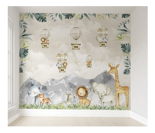 Papel De Parede Infantil Safári Aquarela Quarto De Bebê M²