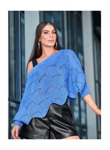 191-75 Sweater Azul Con Detalles De Crochet Para Dama