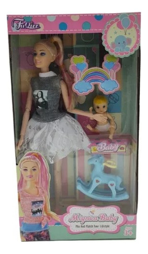 Muñeca Fuqier Articulada Niñera + Bebe + Mecedor Nryj