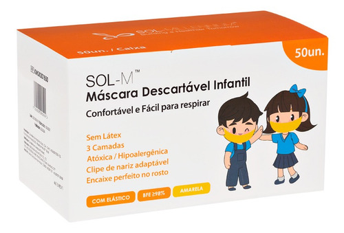 Imagem 2 de 8 de 50 Máscaras Descartáveis Tripla Camada Infantil Amarela